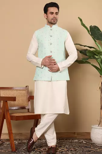 Green silk embroidered nehru jacket for mens
