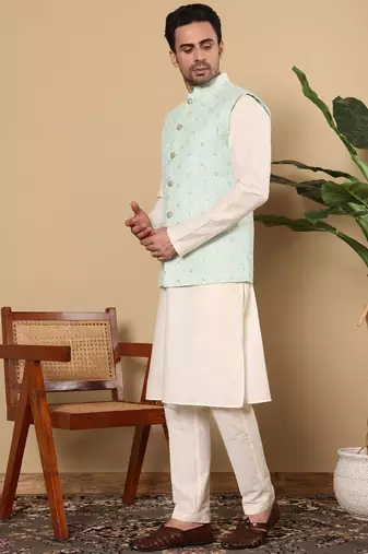 Green silk embroidered nehru jacket for mens