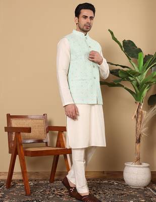 Green silk embroidered nehru jacket for mens 5