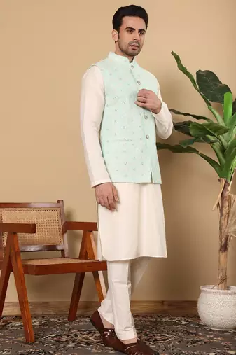 Green silk embroidered nehru jacket for mens
