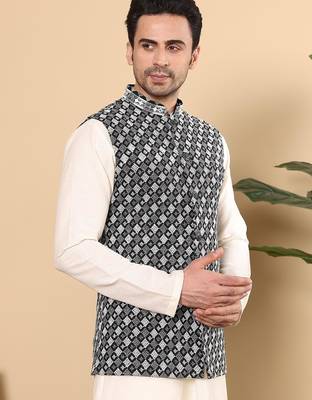 Black silk embroidered nehru jacket for mens 1
