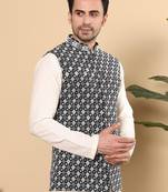 Black silk embroidered nehru jacket for mens