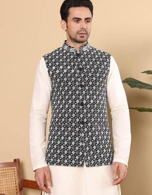 Black silk embroidered nehru jacket for mens 2