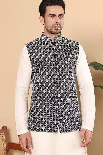 Black silk embroidered nehru jacket for mens