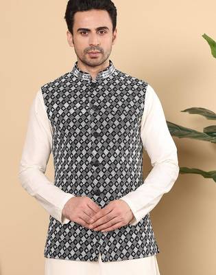 Black silk embroidered nehru jacket for mens 3