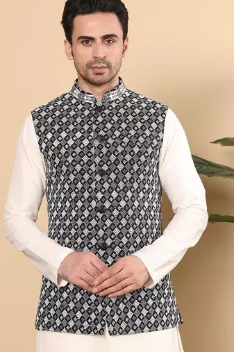 Black silk embroidered nehru jacket for mens