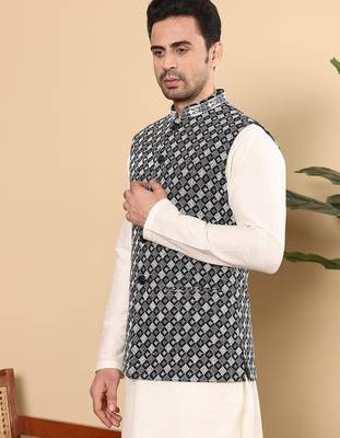 Black silk embroidered nehru jacket for mens 4