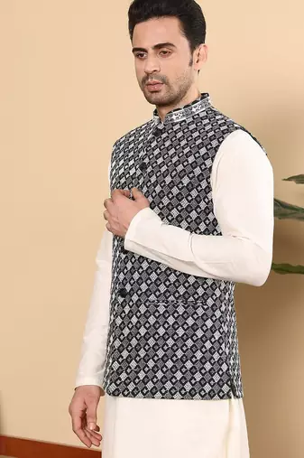 Black silk embroidered nehru jacket for mens