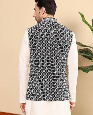 Black silk embroidered nehru jacket for mens 5