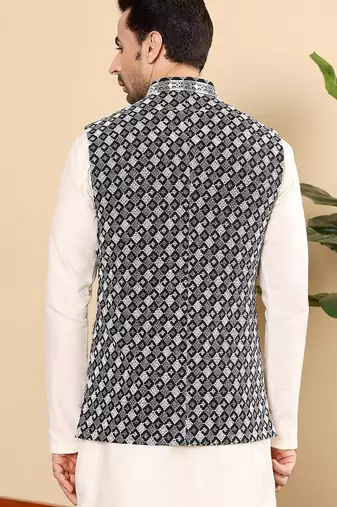 Black silk embroidered nehru jacket for mens