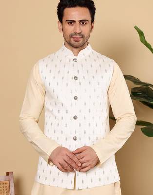 White silk embroidered nehru jacket for mens 1