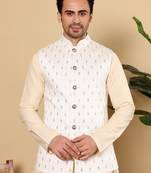 White silk embroidered nehru jacket for mens