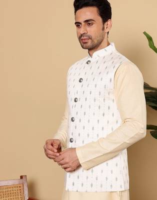 White silk embroidered nehru jacket for mens 2