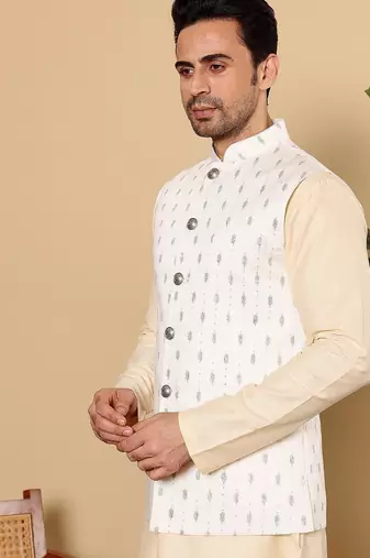 White silk embroidered nehru jacket for mens