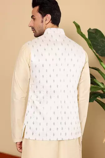 White silk embroidered nehru jacket for mens