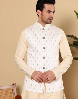White silk embroidered nehru jacket for mens 4