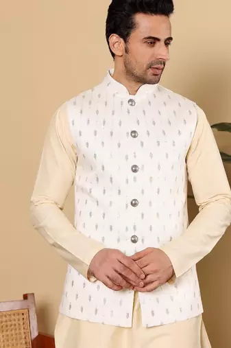 White silk embroidered nehru jacket for mens