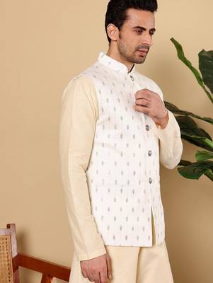 White silk embroidered nehru jacket for mens 5