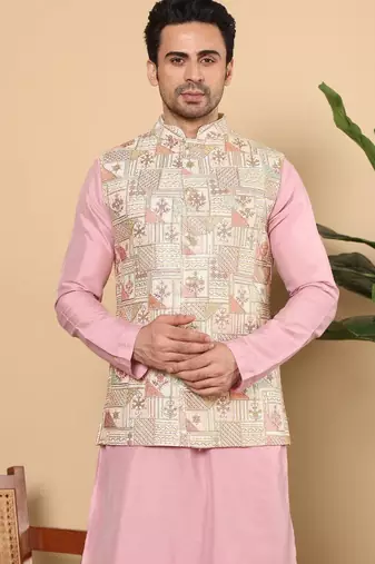Multicolor silk embroidered nehru jacket for mens
