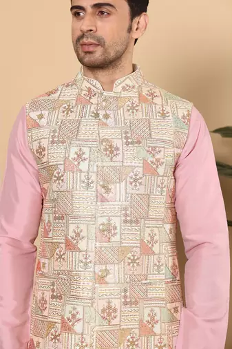 Multicolor silk embroidered nehru jacket for mens