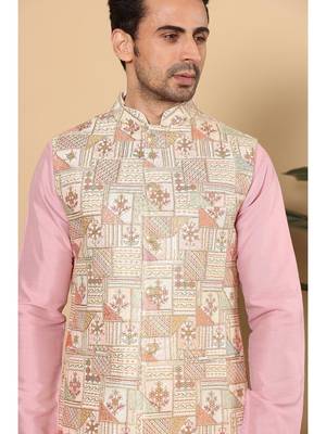 Multicolor silk embroidered nehru jacket for mens 4
