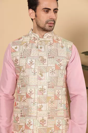 Multicolor silk embroidered nehru jacket for mens