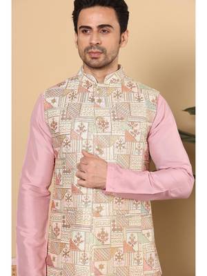 Multicolor silk embroidered nehru jacket for mens 5