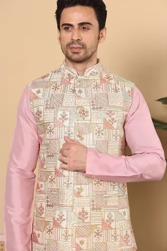 Multicolor silk embroidered nehru jacket for mens