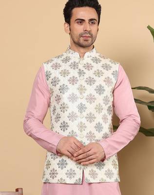 White silk embroidered nehru jacket for mens 1