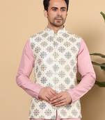 White silk embroidered nehru jacket for mens