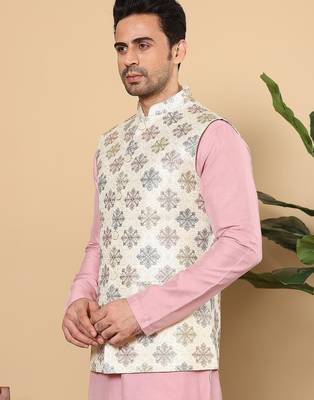 White silk embroidered nehru jacket for mens 2