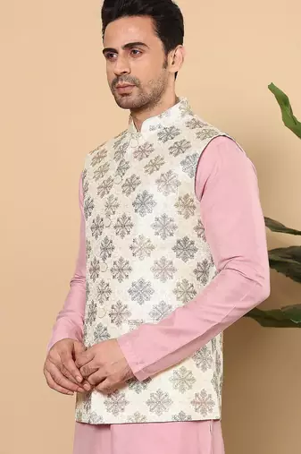 White silk embroidered nehru jacket for mens