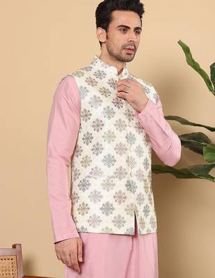 White silk embroidered nehru jacket for mens 3
