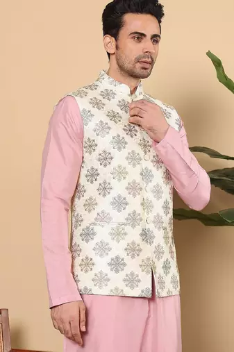 White silk embroidered nehru jacket for mens