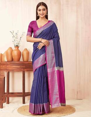 Blue checks design silk blend saree with blouse piece 1