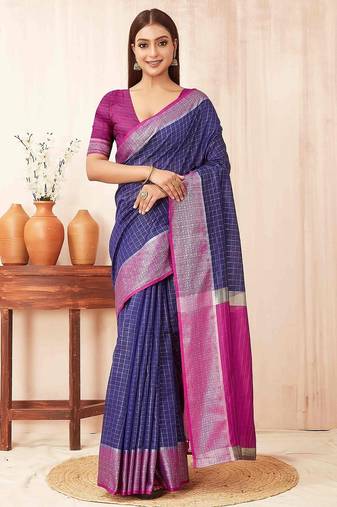 Blue checks design silk blend saree with blouse piece