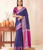 Blue checks design silk blend saree with blouse piece