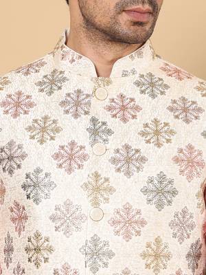 White silk embroidered nehru jacket for mens 4