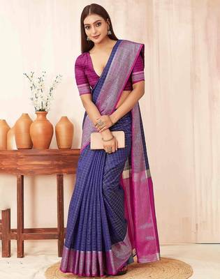 Blue checks design silk blend saree with blouse piece 2
