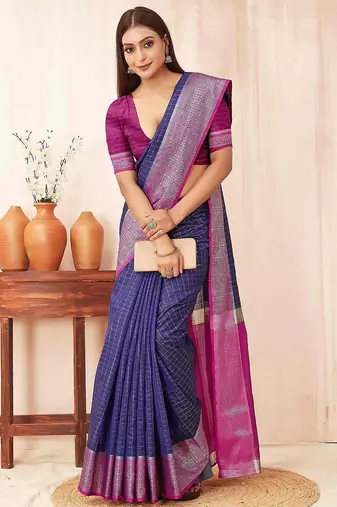 Blue checks design silk blend saree with blouse piece