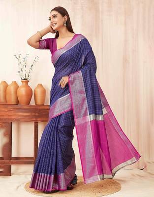 Blue checks design silk blend saree with blouse piece 3