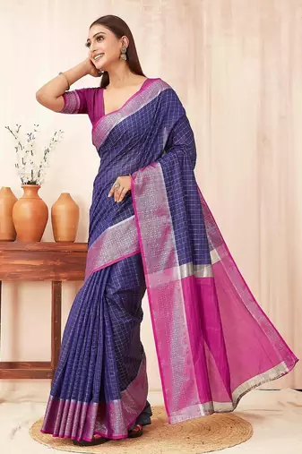 Blue checks design silk blend saree with blouse piece