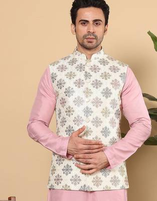 White silk embroidered nehru jacket for mens 5
