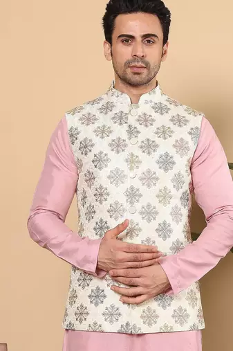 White silk embroidered nehru jacket for mens