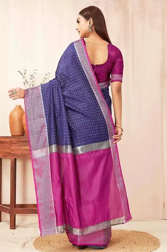 Blue checks design silk blend saree with blouse piece