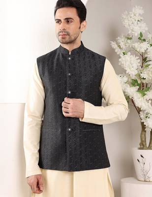 Black silk embroidered nehru jacket for mens 1