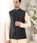 Black silk embroidered nehru jacket for mens