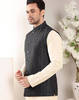 Black silk embroidered nehru jacket for mens 2