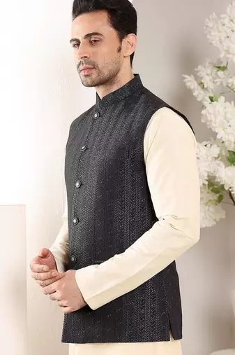 Black silk embroidered nehru jacket for mens