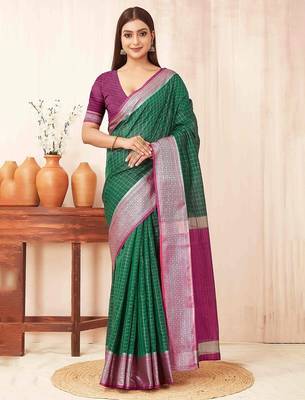 Green checks design silk blend saree with blouse piece 1